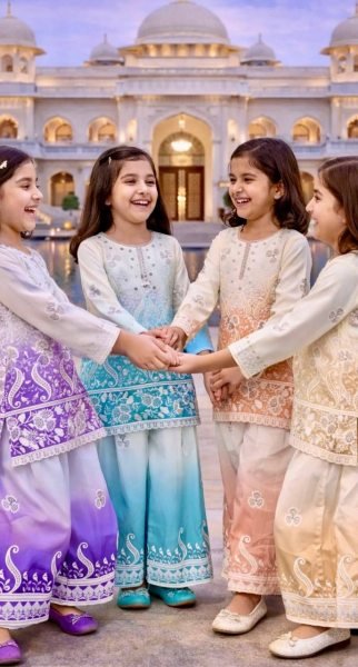Peach Ramzan Special Kids Top Palazzo Dupatta Set with Digital Print Work Girls Wear