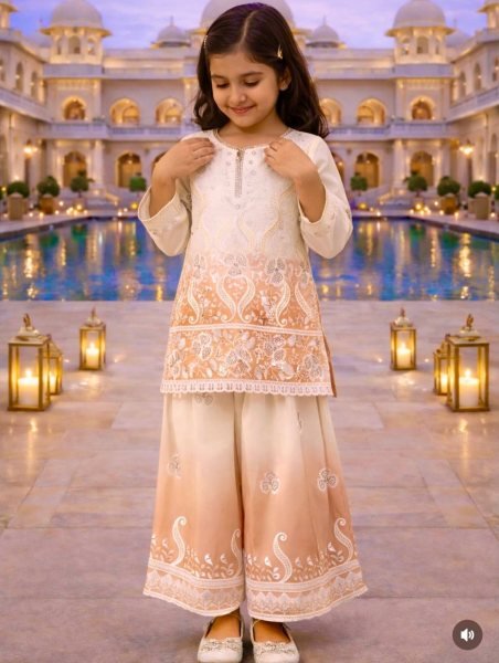Peach Ramzan Special Kids Top Palazzo Dupatta Set with Digital Print Work Girls Wear