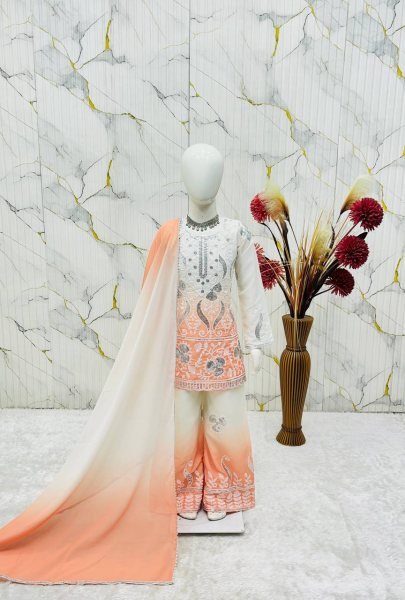 Peach Ramzan Special Kids Top Palazzo Dupatta Set with Digital Print Work Girls Wear