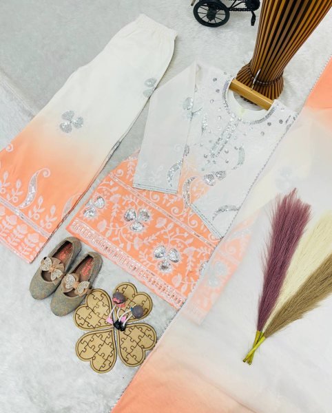 Peach Ramzan Special Kids Top Palazzo Dupatta Set with Digital Print Work Girls Wear