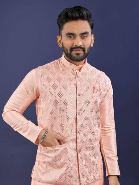 Peach Silk Embroidered Jacket Kurta Set Elegant Ethnic Wear for Weddings & Festive Events Kurta Pajama Wholesale