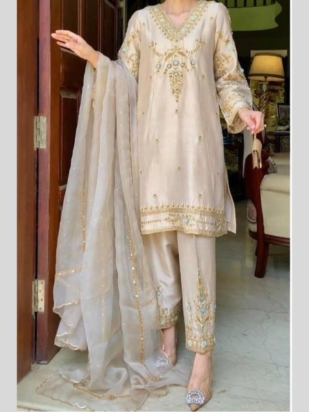 Peach Silk Palazzo Set with Chine Sequin and Net Moti Dupatta For Parties  Ready To Wear Suit