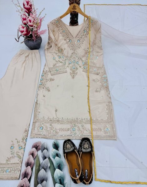 Peach Silk Palazzo Set with Chine Sequin and Net Moti Dupatta For Parties  Ready To Wear Collection