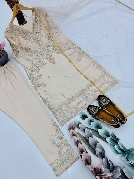 Peach Silk Palazzo Set with Chine Sequin and Net Moti Dupatta For Parties  Ready To Wear Collection