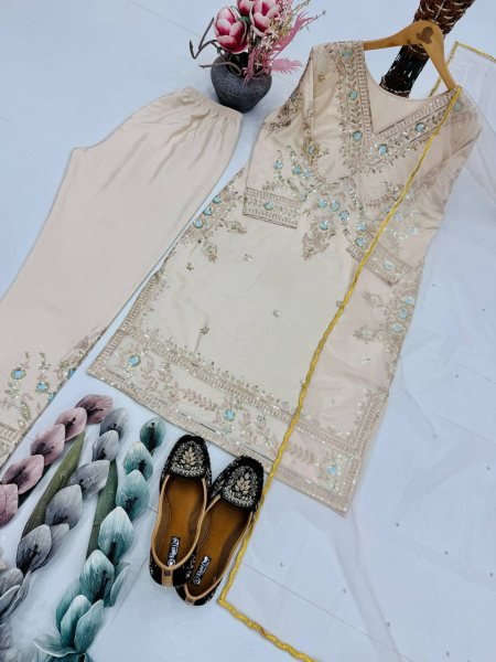 Peach Silk Palazzo Set with Chine Sequin and Net Moti Dupatta For Parties  Ready To Wear Collection