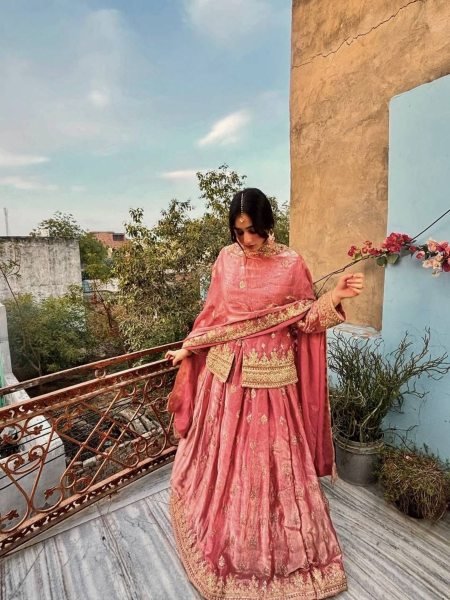 Peach Two Tone Fandy Silk Lehenga Set with Embroidery Sequins Work for Festive Wear 