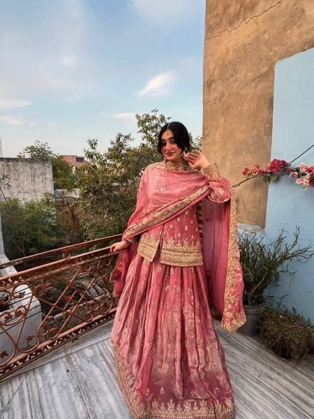Peach Two Tone Fandy Silk Lehenga Set with Embroidery Sequins Work for Festive Wear Ready To Wear Collection