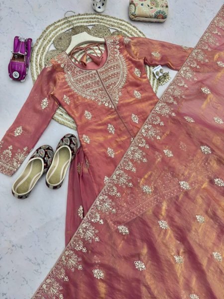 Peach Two Tone Fandy Silk Lehenga Set with Embroidery Sequins Work for Festive Wear Ready To Wear Collection