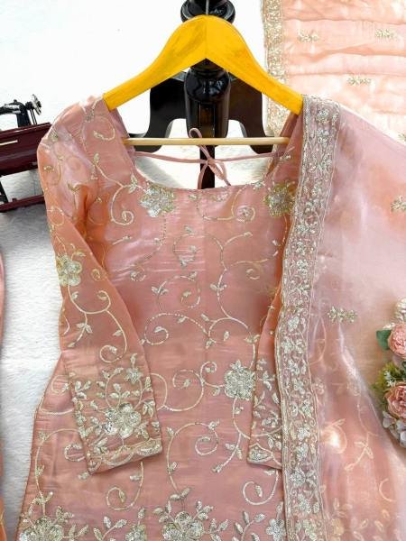 Peach Zimmy Silk Salwar Suit with Heavy Thread Embroidery and Full Sleeve Design Ready To Wear Collection