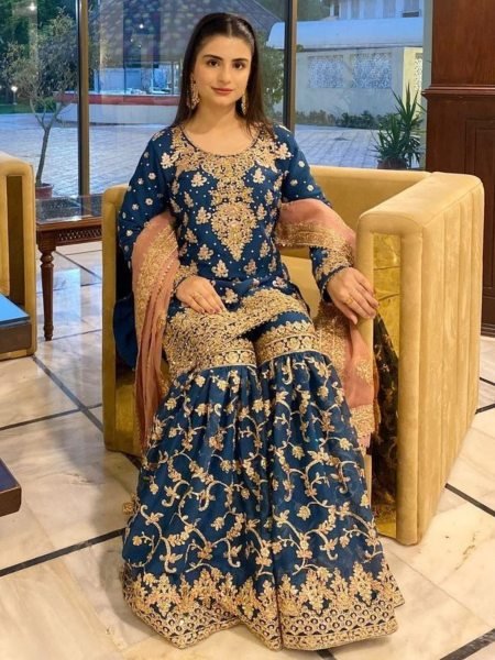 Peacock Blue Georgette Wedding Wear Sharara Suit Set With Embroidered & Sequins Work At Wholesale Rates Ready To Wear Collection