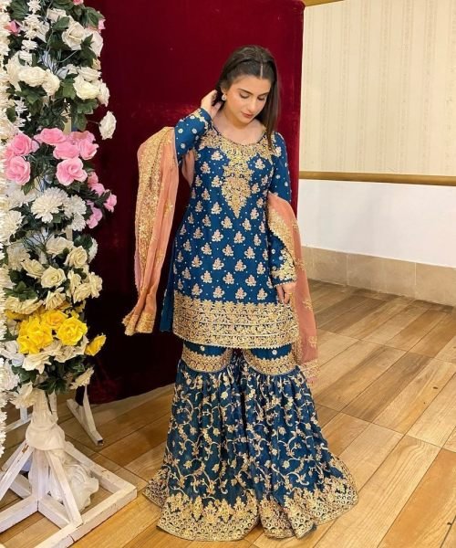 Peacock Blue Georgette Wedding Wear Sharara Suit Set With Embroidered & Sequins Work At Wholesale Rates Ready To Wear Collection