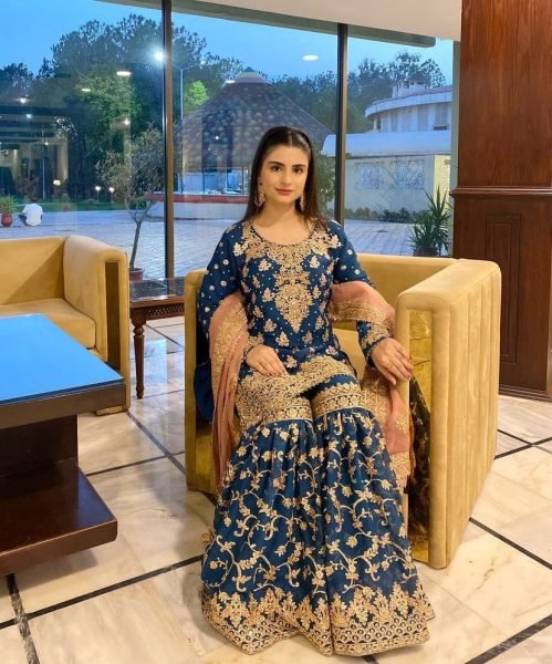 Peacock Blue Georgette Wedding Wear Sharara Suit Set With Embroidered & Sequins Work At Wholesale Rates Ready To Wear Collection