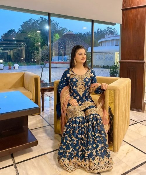 Peacock Blue Georgette Wedding Wear Sharara Suit Set With Embroidered & Sequins Work At Wholesale Rates Ready To Wear Collection