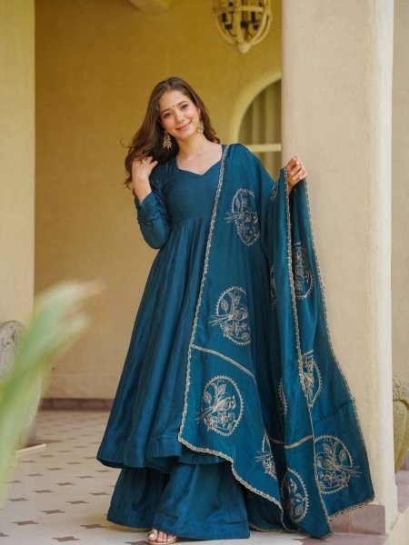 Opulent Peacock Blue Vichitra Silk Anarkali Suit Set with Dupatta Using Embroidery Work 