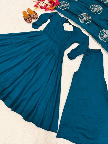 Opulent Peacock Blue Vichitra Silk Anarkali Suit Set with Dupatta Using Embroidery Work Ready To Wear Collection