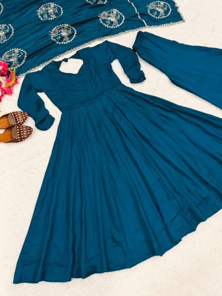 Opulent Peacock Blue Vichitra Silk Anarkali Suit Set with Dupatta Using Embroidery Work Ready To Wear Collection