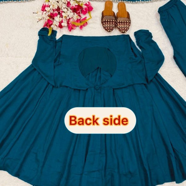 Opulent Peacock Blue Vichitra Silk Anarkali Suit Set with Dupatta Using Embroidery Work Ready To Wear Collection