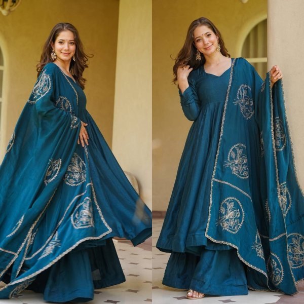 Opulent Peacock Blue Vichitra Silk Anarkali Suit Set with Dupatta Using Embroidery Work Ready To Wear Collection