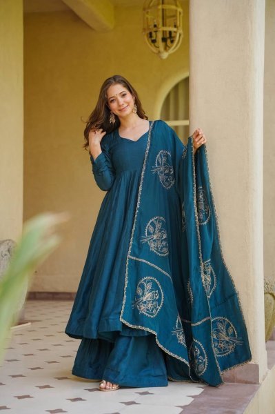 Opulent Peacock Blue Vichitra Silk Anarkali Suit Set with Dupatta Using Embroidery Work Ready To Wear Collection