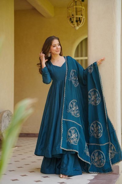 Opulent Peacock Blue Vichitra Silk Anarkali Suit Set with Dupatta Using Embroidery Work Ready To Wear Collection