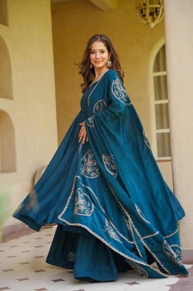 Opulent Peacock Blue Vichitra Silk Anarkali Suit Set with Dupatta Using Embroidery Work Ready To Wear Collection