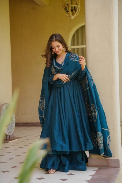 Opulent Peacock Blue Vichitra Silk Anarkali Suit Set with Dupatta Using Embroidery Work Ready To Wear Collection
