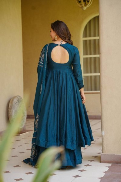 Opulent Peacock Blue Vichitra Silk Anarkali Suit Set with Dupatta Using Embroidery Work Ready To Wear Collection