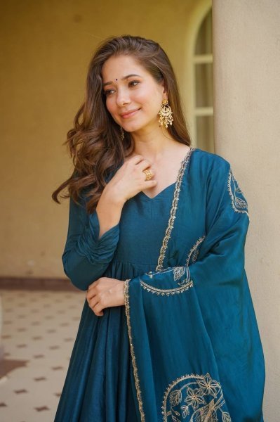 Opulent Peacock Blue Vichitra Silk Anarkali Suit Set with Dupatta Using Embroidery Work Ready To Wear Collection