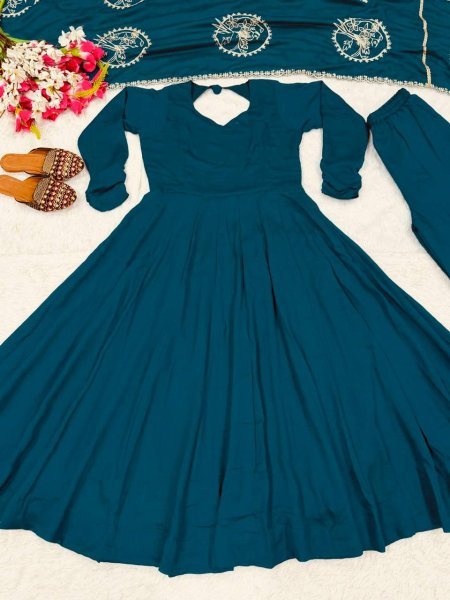 Opulent Peacock Blue Vichitra Silk Anarkali Suit Set with Dupatta Using Embroidery Work Ready To Wear Collection