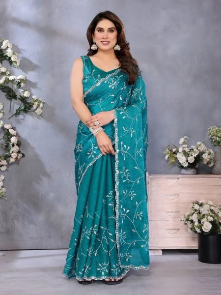 Peacock Green  Women's Heavy Silk Embroidery Saree With Matching Blouse Piece Embroidery Sarees Wholesale