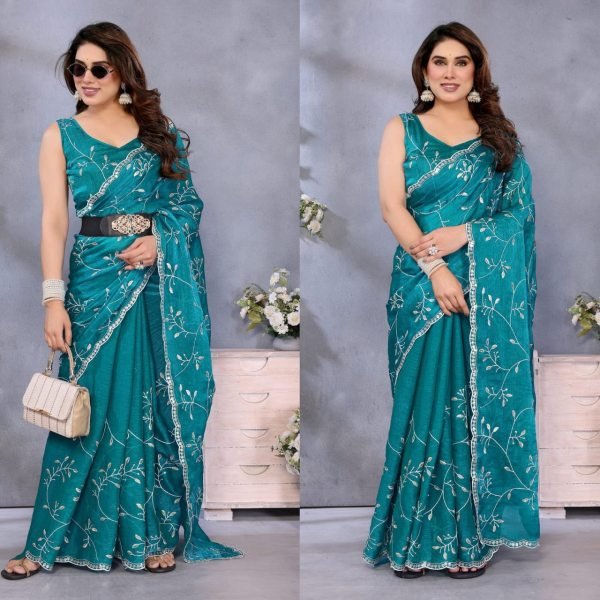 Peacock Green  Women's Heavy Silk Embroidery Saree With Matching Blouse Piece Embroidery Sarees Wholesale