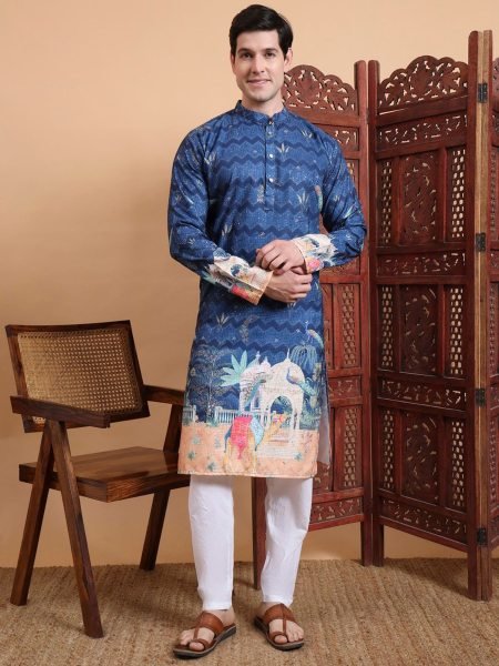 Peacock Motif Cotton Kurta with Crochet  & Digital Print Festive Wear Mens Wear