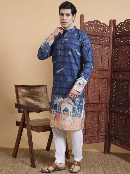 Peacock Motif Cotton Kurta with Crochet  & Digital Print Festive Wear Kurta Pajama Wholesale