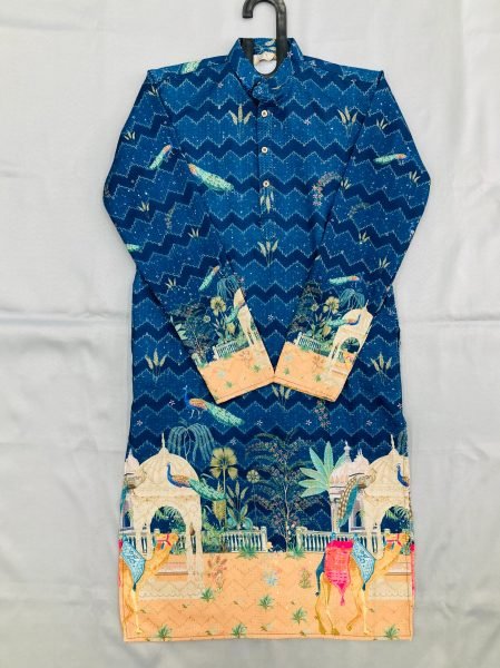 Peacock Motif Cotton Kurta with Crochet  & Digital Print Festive Wear Kurta Pajama Wholesale
