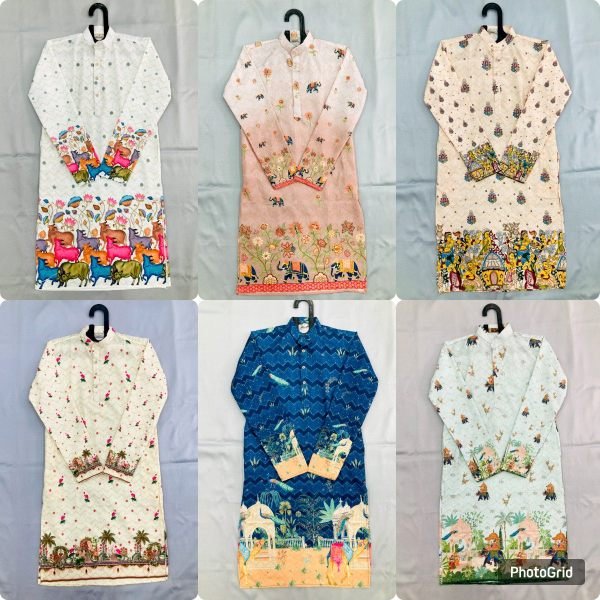 Peacock Motif Cotton Kurta with Crochet  & Digital Print Festive Wear Kurta Pajama Wholesale