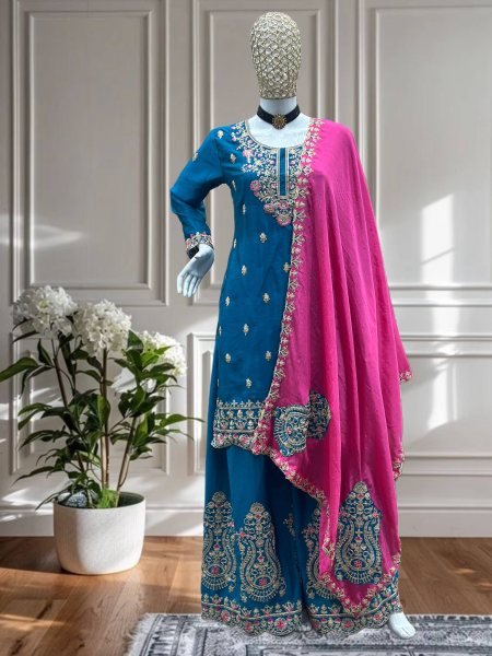 Peacock Shine Chinon Embroidered Suit Set Festive Favorite for Evening Events  Ready To Wear Collection