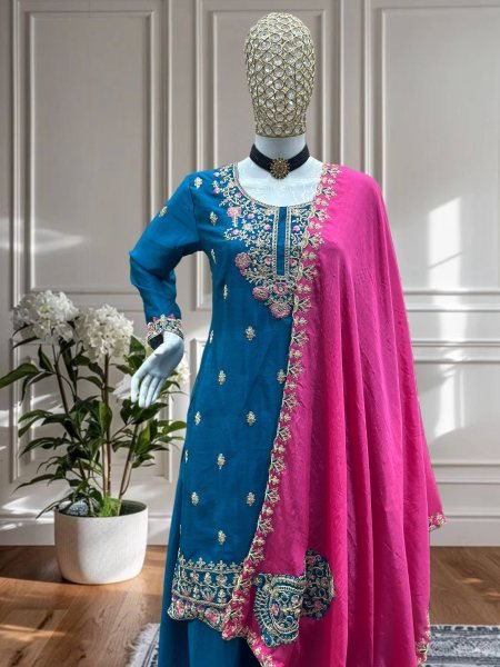 Peacock Shine Chinon Embroidered Suit Set Festive Favorite for Evening Events  Ready To Wear Collection
