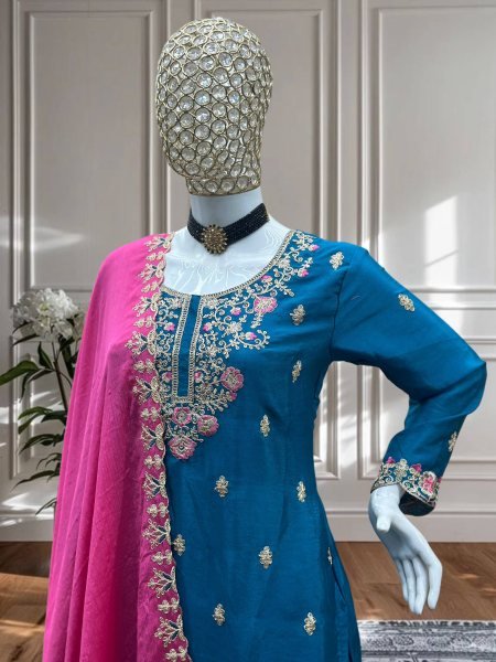 Peacock Shine Chinon Embroidered Suit Set Festive Favorite for Evening Events  Ready To Wear Collection