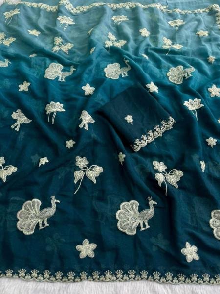 Peacock Star Georgette Saree with Multi Embroidery Work Georgette Sarees Wholesale