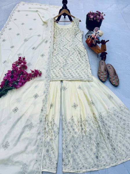 Pearl Glow Crape Palazzo Set with Sequin Work Perfect for Engagement Evenings  Ready To Wear Collection