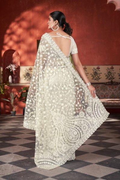 Pearl Glow in White Net Saree with Chain Stitch & Stone Work for Weddings Net Sarees Wholesale