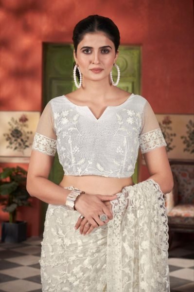 Pearl Glow in White Net Saree with Chain Stitch & Stone Work for Weddings Net Sarees Wholesale