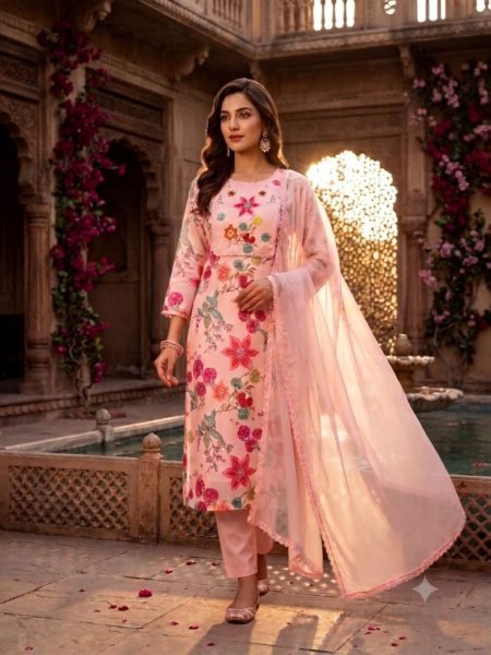 Pearl Pink Linen Cotton Straight Cut Kurti Pant Dupatta Set With Hand Work For Reseller Kurtis