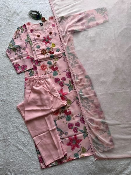 Pearl Pink Linen Cotton Straight Cut Kurti Pant Dupatta Set With Hand Work For Reseller Cotton Kurtis Wholesale