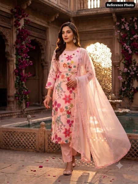 Pearl Pink Linen Cotton Straight Cut Kurti Pant Dupatta Set With Hand Work For Reseller Cotton Kurtis Wholesale