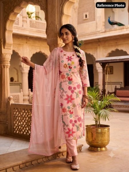 Pearl Pink Linen Cotton Straight Cut Kurti Pant Dupatta Set With Hand Work For Reseller Cotton Kurtis Wholesale