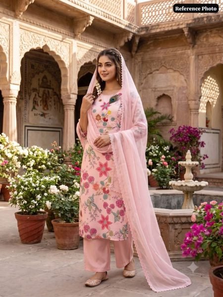 Pearl Pink Linen Cotton Straight Cut Kurti Pant Dupatta Set With Hand Work For Reseller Cotton Kurtis Wholesale