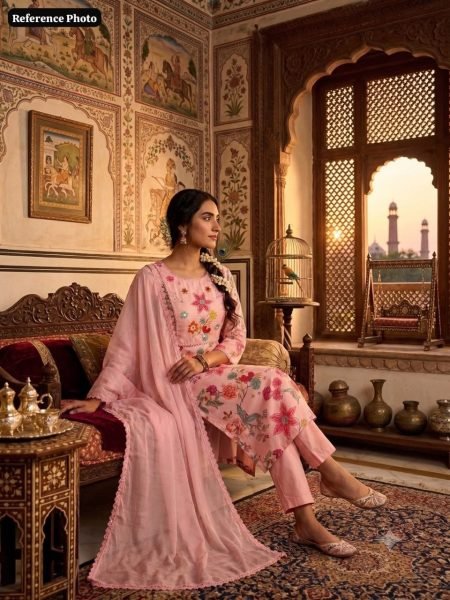 Pearl Pink Linen Cotton Straight Cut Kurti Pant Dupatta Set With Hand Work For Reseller Cotton Kurtis Wholesale