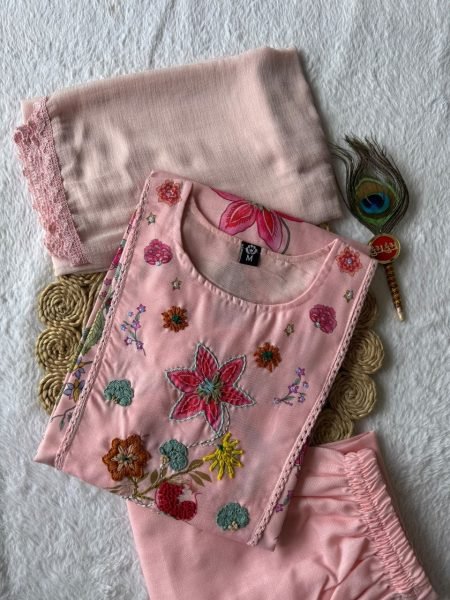 Pearl Pink Linen Cotton Straight Cut Kurti Pant Dupatta Set With Hand Work For Reseller Cotton Kurtis Wholesale