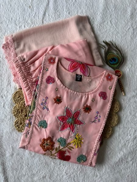 Pearl Pink Linen Cotton Straight Cut Kurti Pant Dupatta Set With Hand Work For Reseller Cotton Kurtis Wholesale